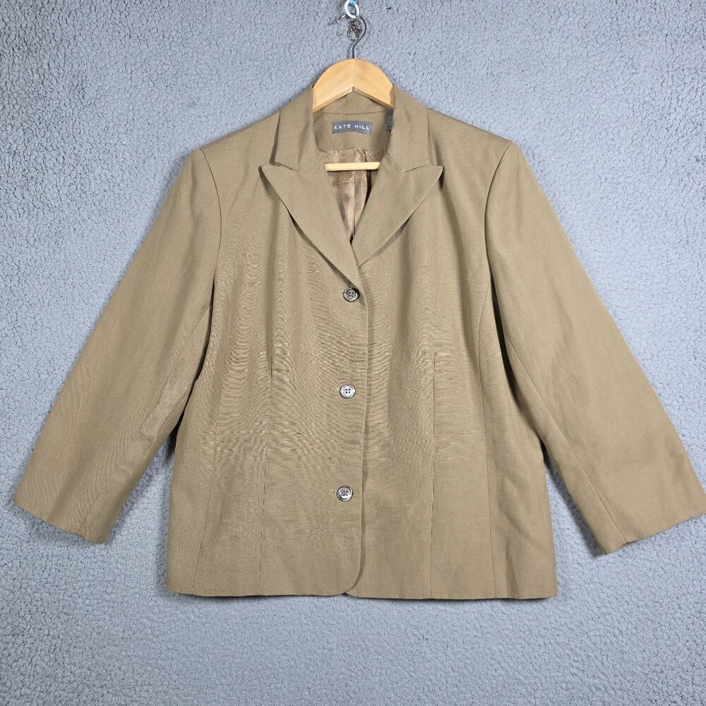 Vintage Kate Hill Blazer Womens Size 14 Beige Linen Blend 3 Button Academia Chic